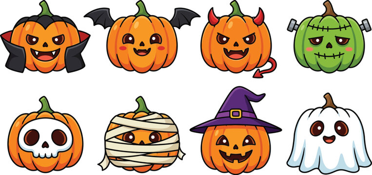 Cute cartoon halloween pumpkin characters, set of 8 spooky monster jack o lantern icons, funny holiday pumpkin vector illustrations