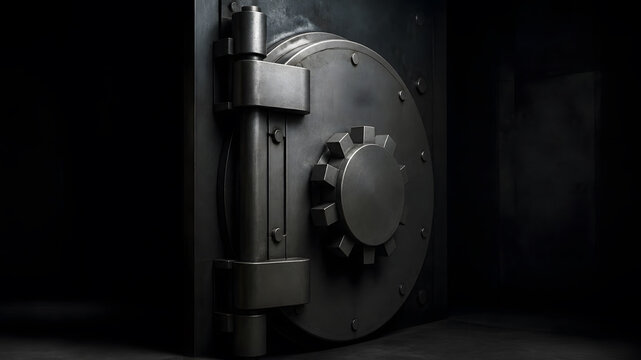 Close-up of a heavy metal bank vault door with a large locking wheel in a dim room