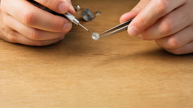 Watchmaker using tweezers and a tool to set a tiny gear during a watch repair
