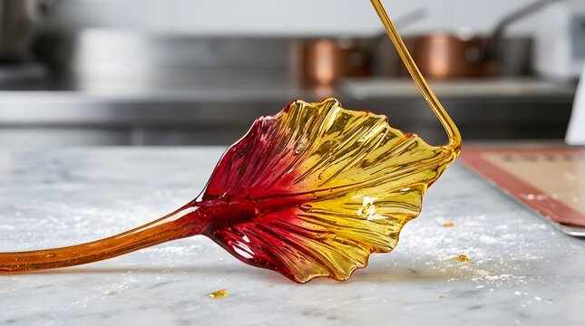 Handcrafted artisan caramel leaf sculpture glowing brightly under kitchen lights during professional culinary candy making process demonstration