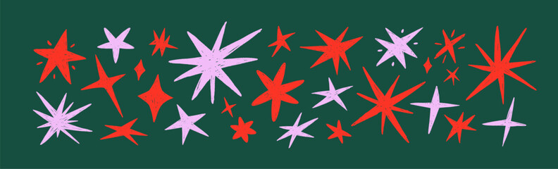 Fototapeta premium Hand-drawn doodle stars, crayon sparks. Crayon sketch drawings of cute Christmas stars, twinkles. Rough doodle sparks, chalk texture paintings. Handdrawn sparkle shapes. Vector illustrations set