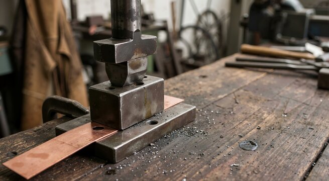Close up of metal punching die tool press on wooden workbench. Industrial hole punch tool with copper sheet