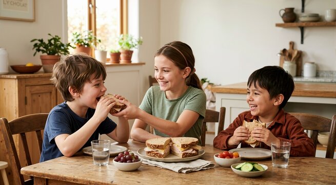 Three smiling children sharing sandwiches at rustic wooden kitchen table. Happy siblings having lunch meal together at home