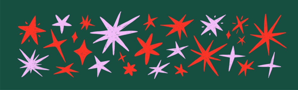 Hand-drawn doodle stars, crayon sparks. Crayon sketch drawings of cute Christmas stars, twinkles. Rough doodle sparks, chalk texture paintings. Handdrawn sparkle shapes. Vector illustrations set