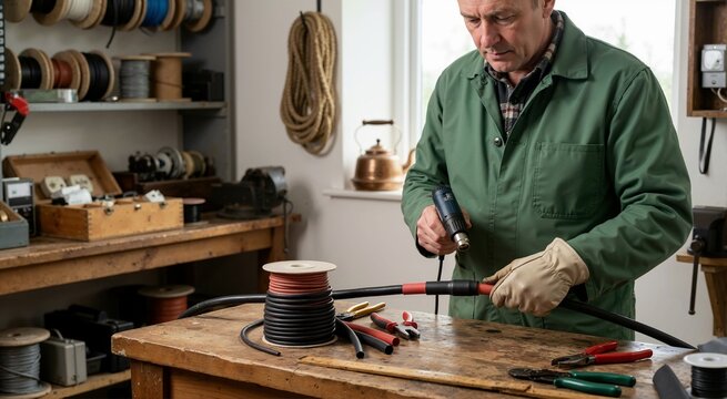 Electrician applying heat shrink tubing on heavy power cable. Wireman using heat gun on electrical wire connection in workshop