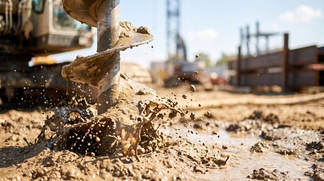 Auger drill splashing wet mud during foundation work on a construction site, in a wide scenic composition, during an authentic everyday moment