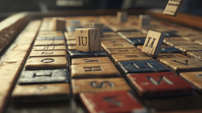 Vintage wooden letter blocks and tiles falling onto a board game surface in warm light