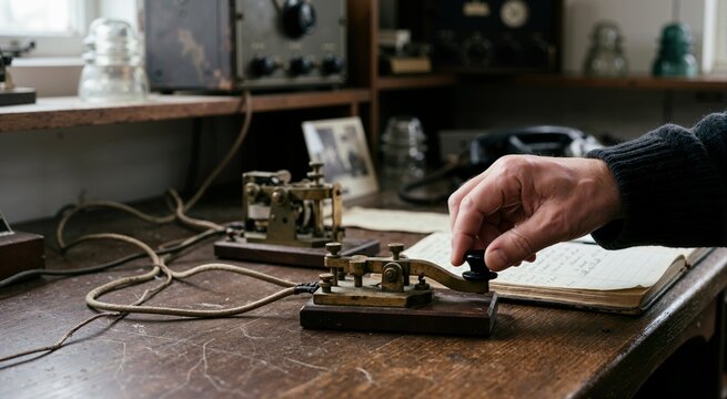Close up of hand transmitting message using vintage Morse code telegraph key. Classic telecommunication workstation with logbook