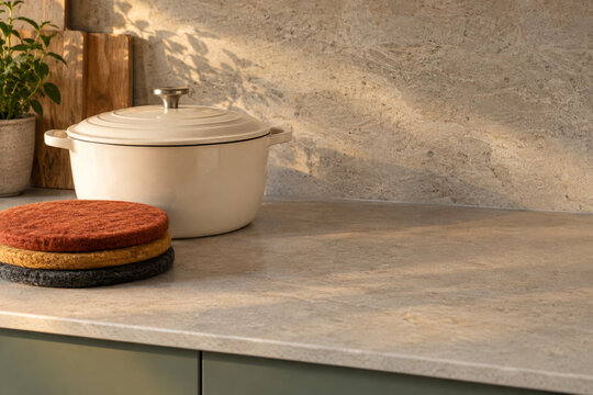 Colorful wool felt trivets beside a cream casserole pot in an autumn kitchen