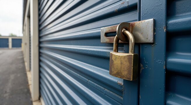 Heavy brass padlock securing a blue corrugated storage unit door. Close up of locked latch in self storage facility
