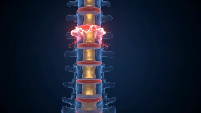 3D medical animation of a human spinal column with highlighted red pain point on a vertebrae.