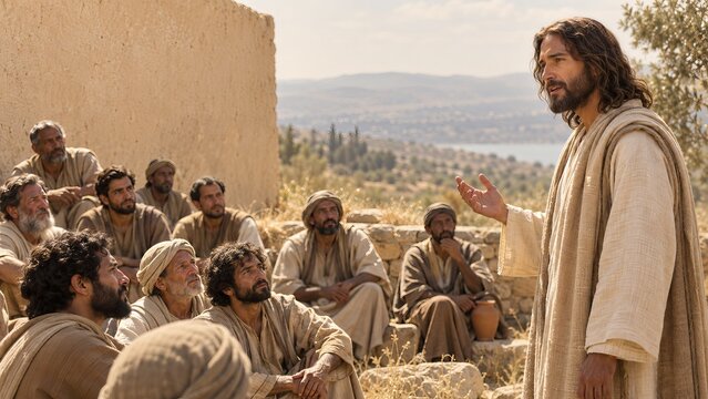 Jesus preaching to seated listeners beside a stone village wall. Disciples gathered for a Gospel teaching. Christian faith and biblical scripture. Religious storytelling and ministry.