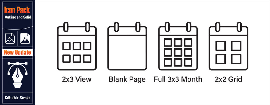 Outline icons of calendar pages: 2x3 view, blank page, full 3x3 month, and 2x2 grid for planning and display.