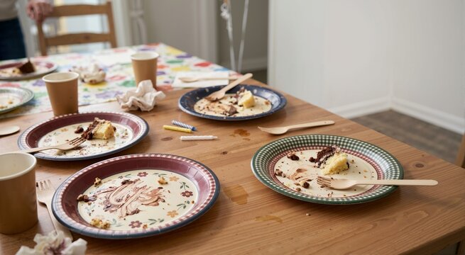 Messy dining table with dirty party plates and leftover birthday cake. Empty paper cups and used forks after celebration