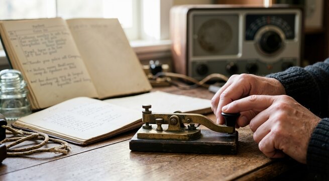 Hands operating vintage brass Morse code key on wooden desk. Antique telegraph transmission with logbooks and radio receiver
