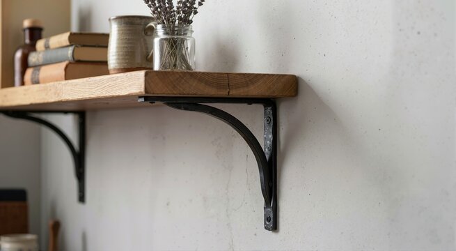 Black forged metal shelf bracket supporting rustic wooden plank on white wall. Minimalist home interior with copy space