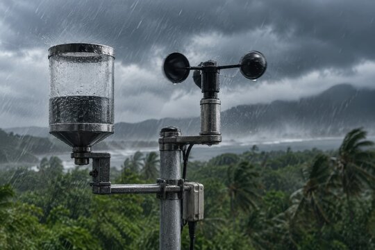 rain gauge and anemometer measure a tropical storm