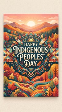 Happy indigenous peoples day greeting card features vibrant autumn landscape art decor.