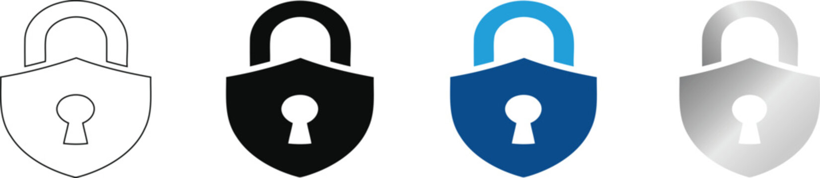 Padlock icon set for cyber security, set of 4 shield lock vector symbols, safety padlock graphics in black blue and silver styles on transparent background