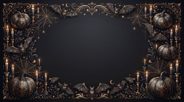 Elegant gothic halloween border with black pumpkins golden ornaments spiderwebs and bats.