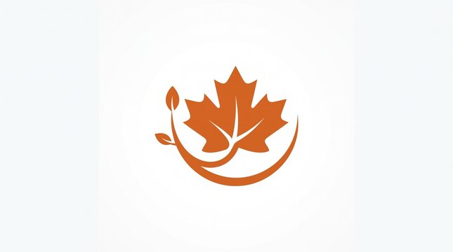 Minimalist orange maple leaf logo design with fluid curved stem and small sprouting foliage.