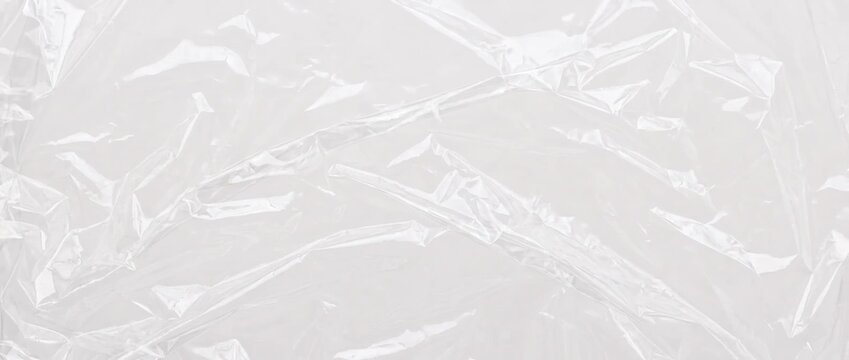 Crinkled cellophane clear texture background. Wrinkled transparent plastic wrap sheet. Shiny polyethylene film overlay