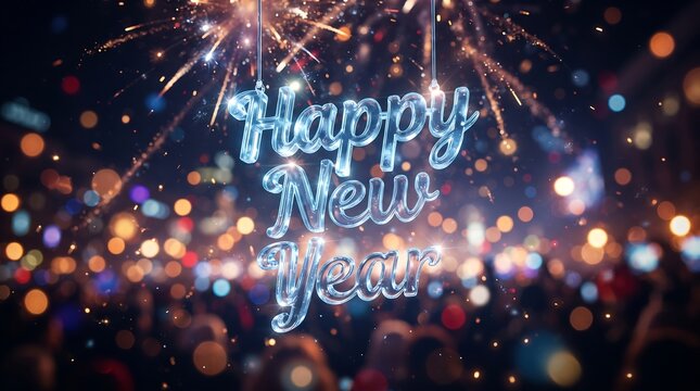 Glowing glass Happy New Year sign hanging against a festive background of bursting fireworks and colorful bokeh lights.