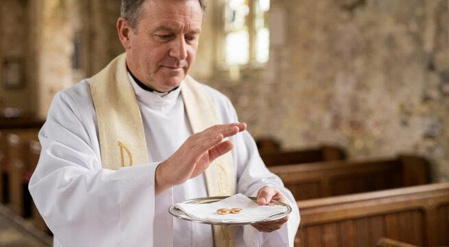 Catholic priest blessing wedding rings on silver plate in church. Christian marriage ceremony and sacred benediction