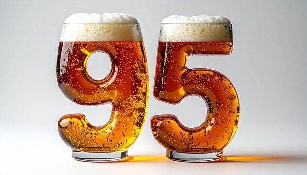Beer Glass Shaped as Number 95 with Foam and Bubbles on White Background for Birthday and Anniversary Celebration