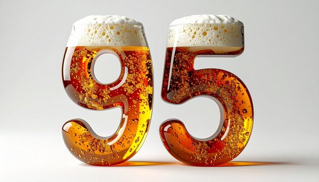 Beer Glass Shaped as Number 95 with Foam and Bubbles on White Background for Birthday and Anniversary Celebration