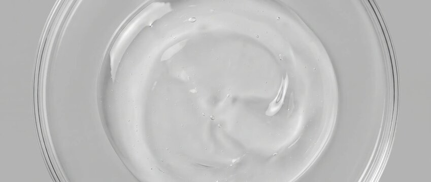Clear cosmetic serum in glass petri dish. Swirled transparent skincare gel texture with bubbles. Laboratory beauty formulation close up