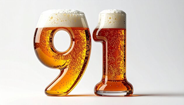 Beer Glass Shaped as Number 91 with Foam and Bubbles on White Background for Birthday and Anniversary Celebration