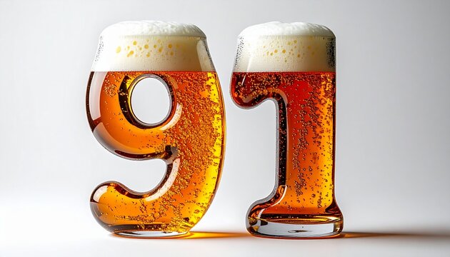 Beer Glass Shaped as Number 91 with Foam and Bubbles on White Background for Birthday and Anniversary Celebration
