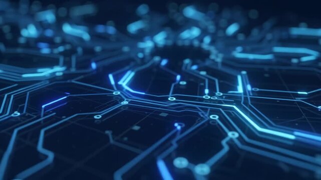 Motion graphics glowing blue circuit board animation with digital data pulse traversing tracks in cyberspace for technology background and computer network visual