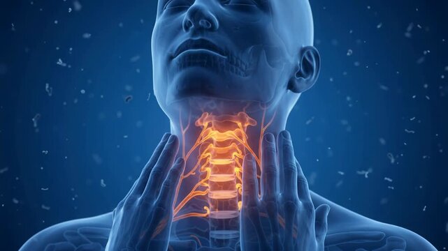 3D medical animation of a human neck with glowing cervical spine representing pain or inflammation.