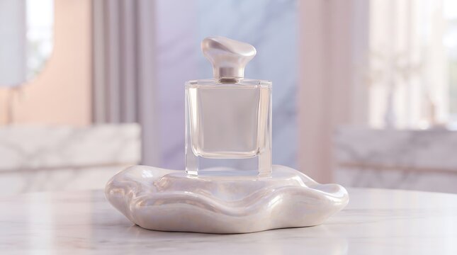 Elegant perfume bottle on iridescent ceramic pedestal, luxury fragrance display, 3D render for beauty and skincare marketing