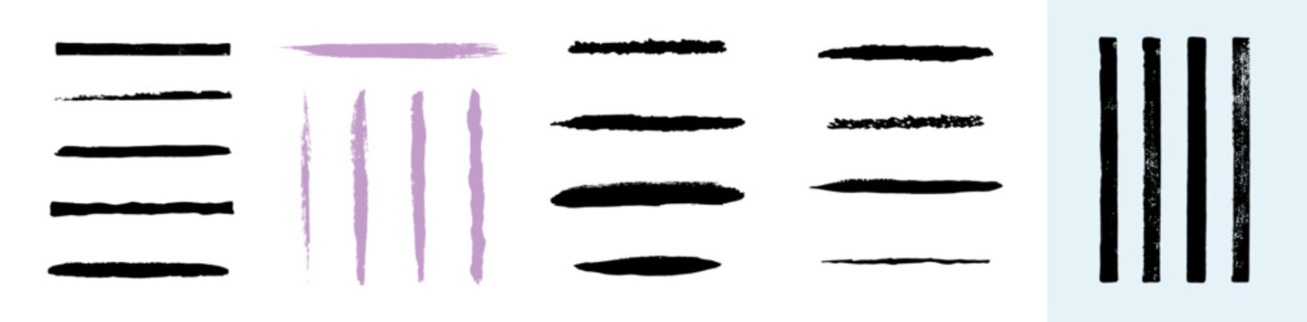 Marker and brush lines in black and purple combine blunt strips with pointed ink swipes, vector strokes with smooth fills and rough edges for hand drawn underlining