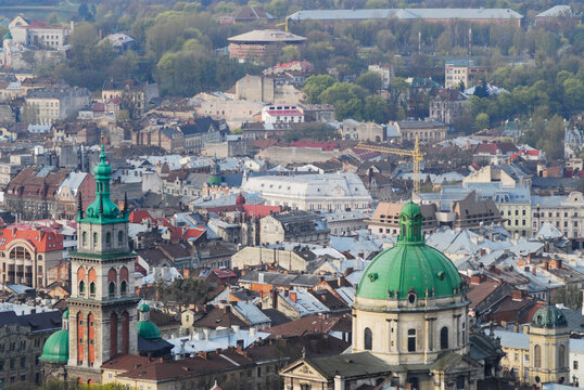 Elevated view of an old town with a church dome, Lvov, Ukraine