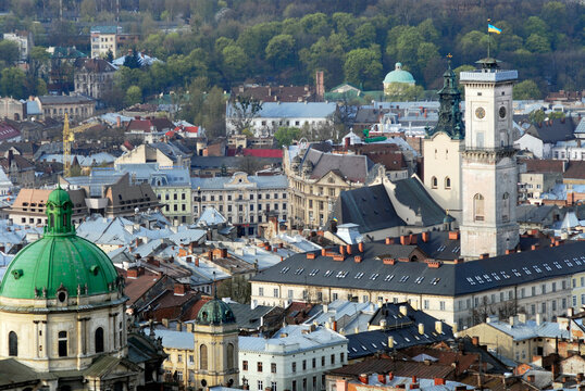 Elevated view of an old town with a church dome, Lvov, Ukraine