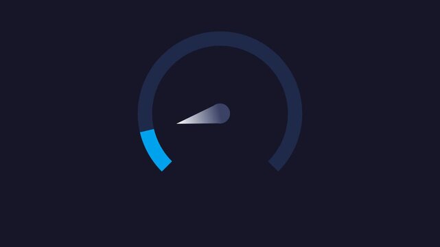 Speedometer gauge animation with a rotating needle and progress arc that accelerates, fluctuates, and settles at a final speed value on a dark dashboard style background.
