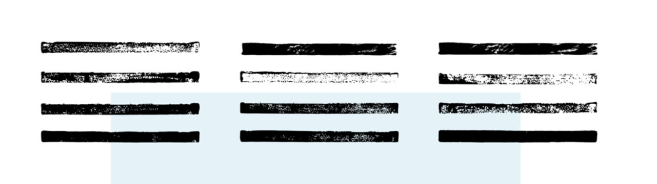 Narrow rectangular paint strokes with speckled gaps and blunt ends form black vector borders, dry brush marks ranging from sparse grain to dense stripes for underlining