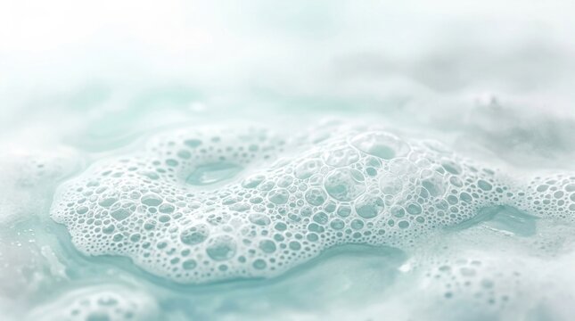 Sea foam surface, airy foam background for wellness branding, spa presentation, cosmetic packaging and luxury advertising, close-up, centered composition with generous negative space above, delicate