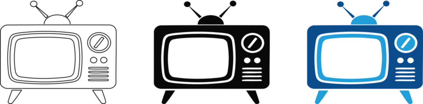 Retro television icon set in line, silhouette, and blue vector style, vintage tv box symbol for media and broadcast design on transparent background