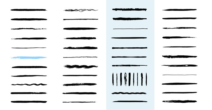 Line brush collection with black ink strokes and a blue accent from thin traces to broad swipes, wavy bristle trails and rough vector dividers for hand drawn decoration