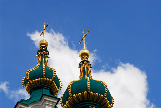 Green and golden towers of an orthodox church, Kiev, Ukraine