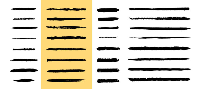 Drawing brush collection with black ink swipes from short broad dabs to long tapered lines, varied vector strokes with dry edges and uneven widths for freehand borders