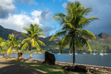Taiohae Bay and beach with coconut trees in Nuku Hiva, Marquesas, French Polynesia © daboost