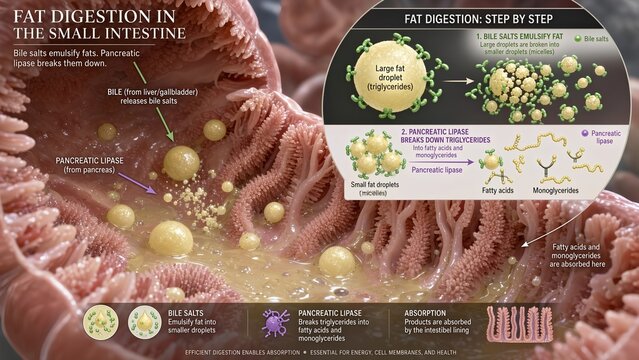 Small intestine model showing fat digestion: bile salts emulsifying large fat droplets into smaller ones (micelles), pancreatic lipase breaking down triglycerides into fatty acids and monoglycerides