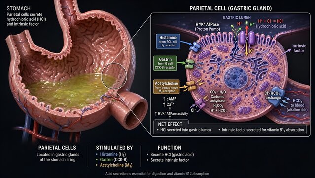 Stomach model showing parietal cells secreting hydrochloric acid and intrinsic factor, illustrating proton pump and the role of histamine, gastrin, acetylcholine in stimulating gastric acid secretion