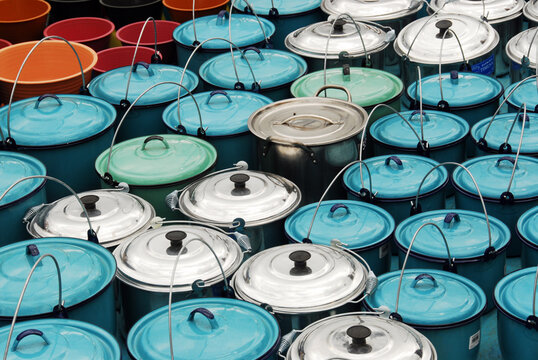Metallic buckets displayed for sale, San Juan de Chamula, Mexico